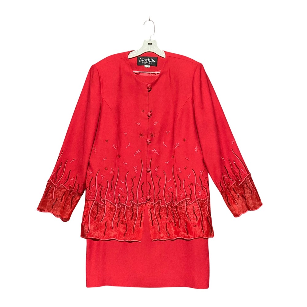 VTG Moshita Couture Red Beaded Embroidered Skirt Suit Set Size 18 Cocktail Party